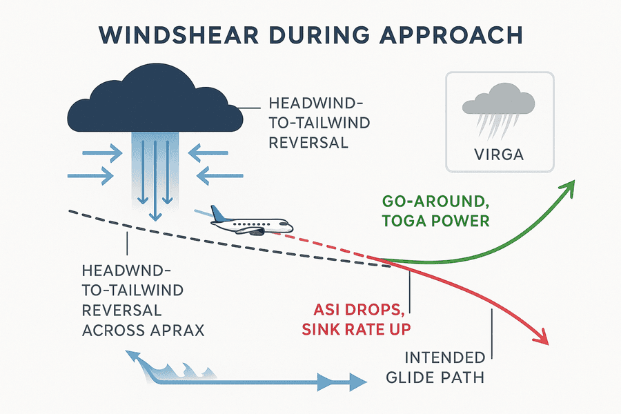 แผนภาพ windshear ขณะร่อนลง: microburst ทำให้ลมหัวสลับเป็นลมท้าย ASI ตกและ sink rate เพิ่ม คำตอบที่ถูกคือ go-around ด้วย TOGA power