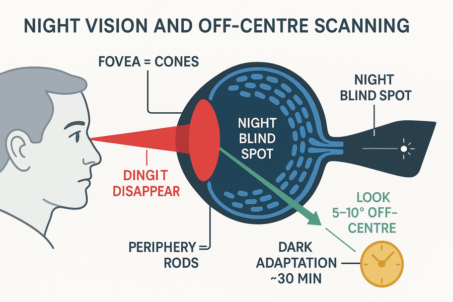 การมองเห็นกลางคืน: fovea เต็มไปด้วย cones แต่ไม่มี rods จึงมืดบอดกลางคืน เทคนิคคือมองเฉียงข้างวัตถุ 5 ถึง 10 องศาเพื่อให้ภาพตกที่รอบนอกจอตาที่มี rods และต้องใช้เวลาปรับสายตาเข้าที่มืดราว 30 นาที