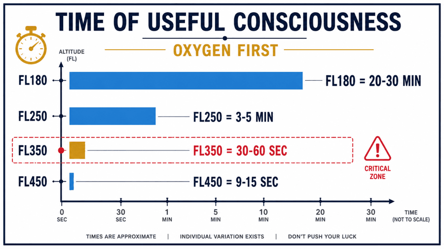 แผนภูมิ Time of Useful Consciousness ยิ่งบินสูง TUC ยิ่งสั้นลงอย่างรวดเร็ว — FL350 เหลือเพียง 30–60 วินาที
