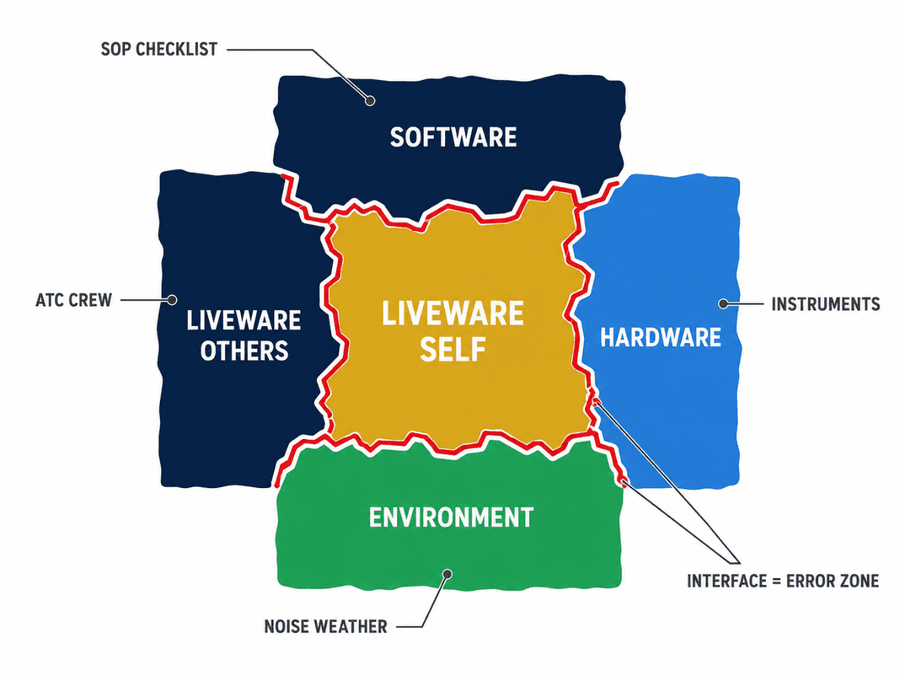 โมเดล SHELL: Liveware (self) เป็นศูนย์กลาง ล้อมด้วย Software, Hardware, Environment และ Liveware (others) โดยอินเตอร์เฟซระหว่างองค์ประกอบคือจุดที่เกิดความผิดพลาด