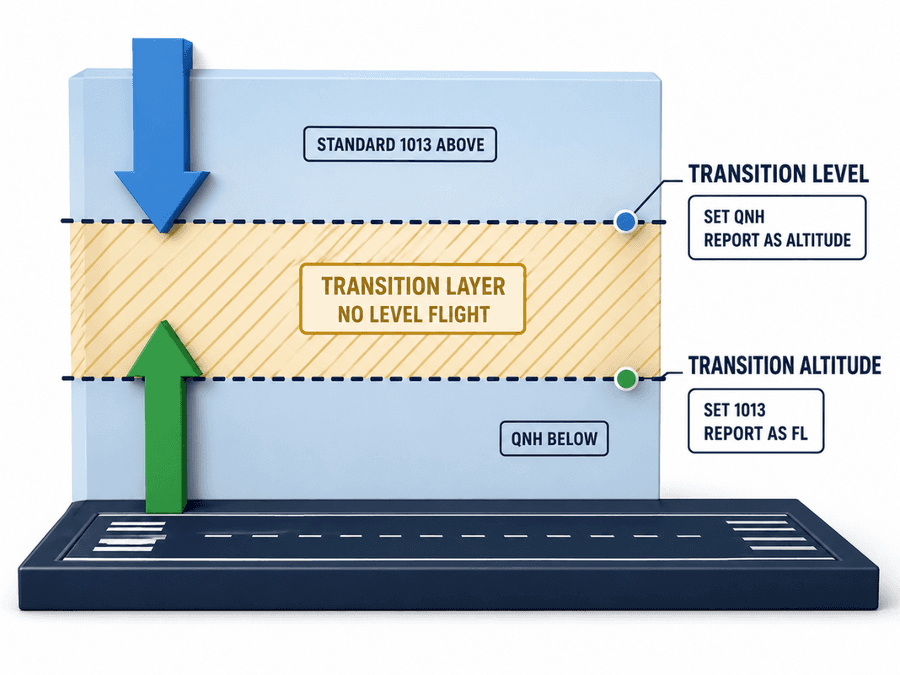 Transition altitude และ transition level: ขาขึ้นเมื่อผ่าน TA ตั้ง 1013 รายงานเป็น FL, ขาลงเมื่อผ่าน TL ตั้ง QNH รายงานเป็น altitude, ชั้น transition layer ระหว่างกลางห้ามบินระดับ