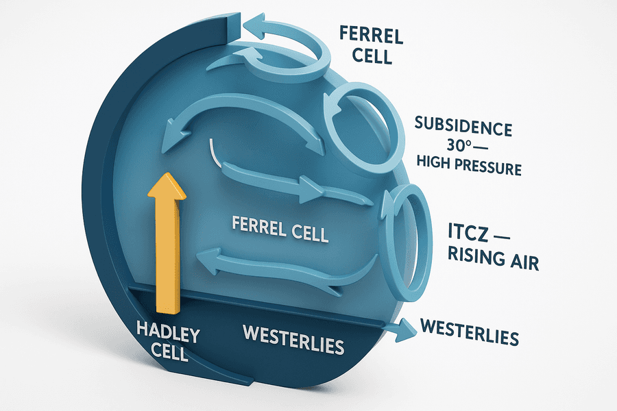 การหมุนเวียนทั่วไปของบรรยากาศแบ่งเป็นสามเซลล์: Hadley cell, Ferrel cell และ Polar cell อากาศร้อนยกตัวที่ศูนย์สูตรเกิด ITCZ จมตัวที่ราว 30° เกิดลมค้า (trade winds) และลมตะวันตก (westerlies) มีเจ็ตสตรีมที่ระดับสูง