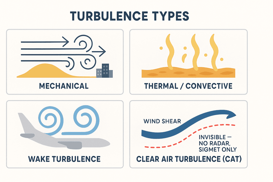ชนิดของความปั่นป่วนแบ่งตามต้นกำเนิด: เชิงกล (mechanical) จากลมพัดผ่านสิ่งกีดขวาง, เชิงความร้อน (thermal) จากกระแสอากาศร้อนยกตัว, wake turbulence จากอากาศยานลำอื่น และ CAT (clear air turbulence) ที่รอยต่อแรงลมเฉือนใกล้เจ็ตสตรีม