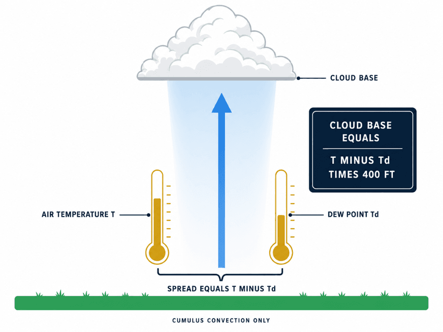 การคำนวณฐานเมฆ cumulus: ฐานเมฆ = (อุณหภูมิ − จุดน้ำค้าง) × 400 ฟุต — ยิ่ง spread ระหว่างอุณหภูมิกับจุดน้ำค้างมาก ฐานเมฆยิ่งสูง