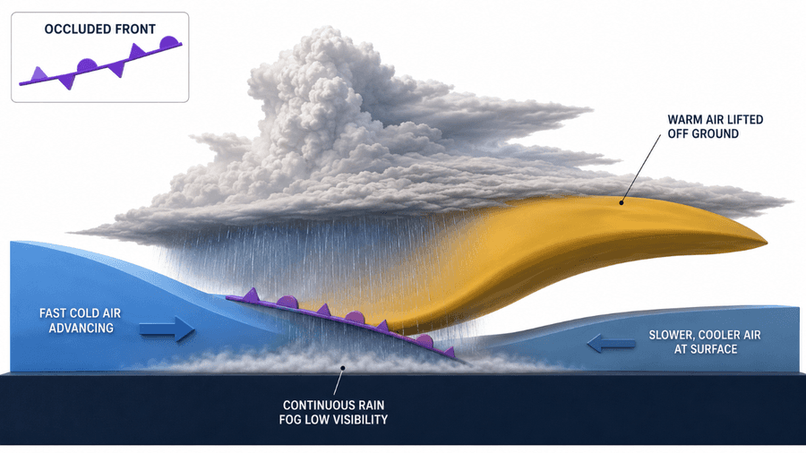 Occluded front: แนวปะทะเย็นเคลื่อนเร็วกว่าจนไล่ทันแนวปะทะอุ่น ยกมวลอากาศอุ่นขึ้นพ้นพื้น เกิดฝนต่อเนื่อง หมอก ทัศนวิสัยต่ำ สัญลักษณ์แผนที่เป็นเส้นม่วงมีทั้งสามเหลี่ยมและครึ่งวงกลม