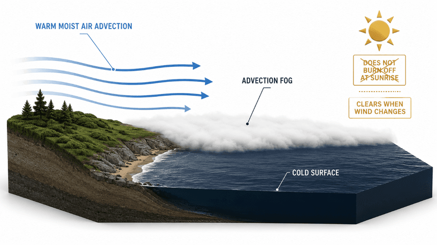 หมอกพัดพา (advection fog): อากาศอุ่นชื้นพัดในแนวนอนเหนือพื้นผิวที่เย็นกว่า กลั่นตัวเป็นหมอกที่ไม่สลายตัวเมื่อพระอาทิตย์ขึ้น และจะสลายก็ต่อเมื่อลมเปลี่ยน