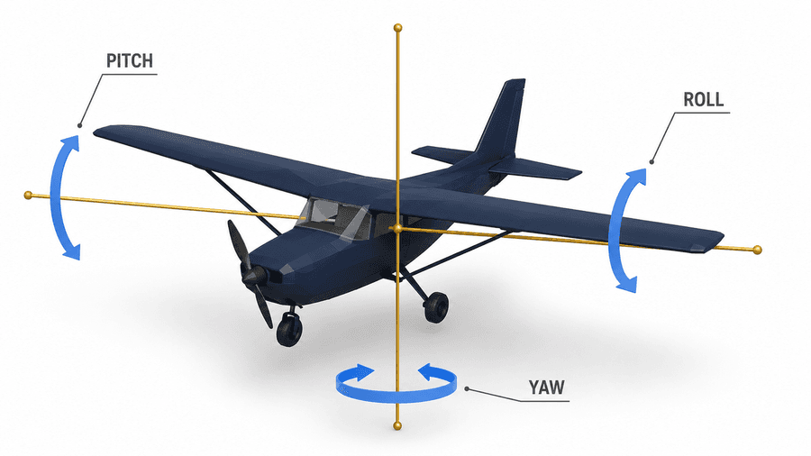 The three axes of motion: Pitch, Roll, and Yaw