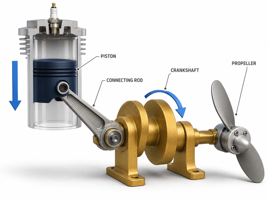 Crankshaft: the piston pushes through the connecting rod to turn the crankshaft and propeller