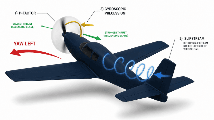 Torque reaction: as the propeller turns one way, the aircraft banks the other way