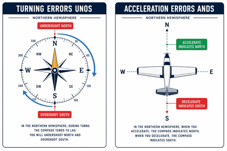 ข้อผิดพลาดของเข็มทิศในซีกโลกเหนือ: Turning errors (UNOS — Undershoot North, Overshoot South) และ Acceleration errors (ANDS — Accelerate North, Decelerate South)