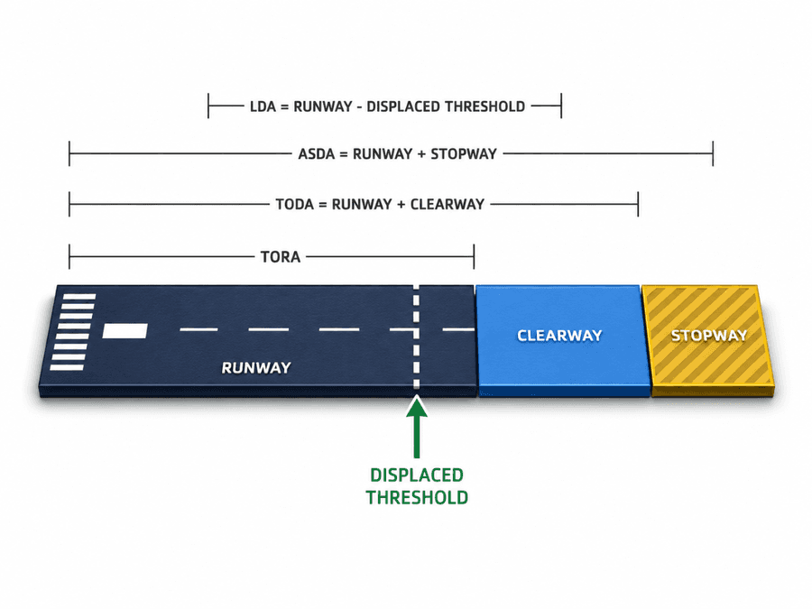 ระยะทางประกาศบนรันเวย์: TORA, TODA (= Runway + Clearway), ASDA (= Runway + Stopway) และ LDA (= Runway − Displaced Threshold) บนรันเวย์เดียวกัน