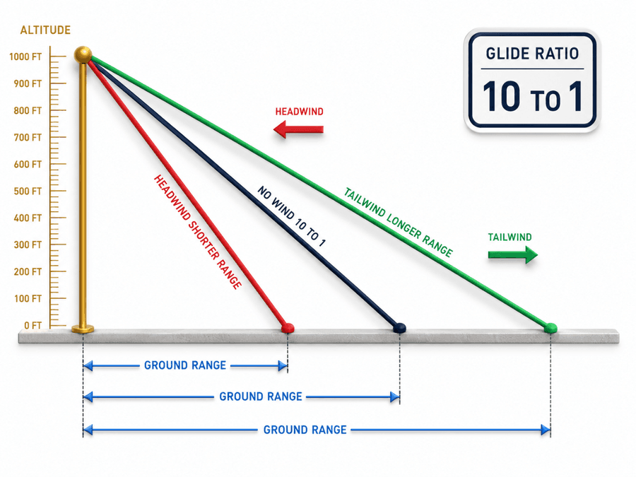Glide ratio คงที่ (เช่น 10:1) แต่ลมเปลี่ยน ground range: ลมหัว (headwind) ทำให้ระยะพื้นสั้นลง ลมตาม (tailwind) ทำให้ระยะพื้นยาวขึ้น แม้มุมร่อนเท่ากัน