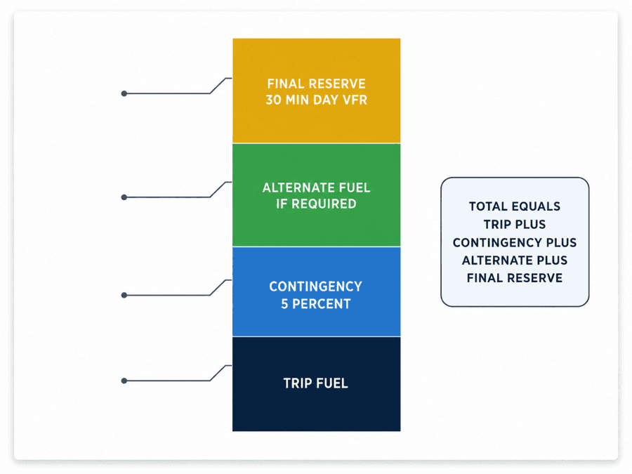 องค์ประกอบเชื้อเพลิงที่ต้องบรรทุก: Trip Fuel + Contingency 5% + Alternate Fuel (ถ้าจำเป็น) + Final Reserve 30 นาที (Day VFR)