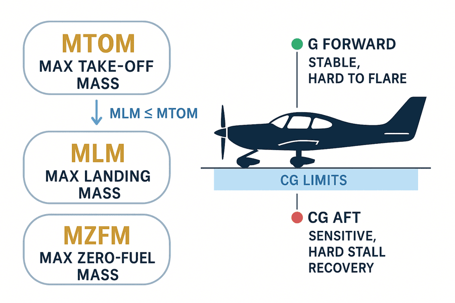 แผนภาพนิยามน้ำหนักจำกัด MTOM, MLM และ MZFM พร้อมผลของตำแหน่ง CG หน้า (เสถียร เงยหัวยาก) และ CG หลัง (ไว กู้สตอลยาก) บนกรอบขีดจำกัด CG
