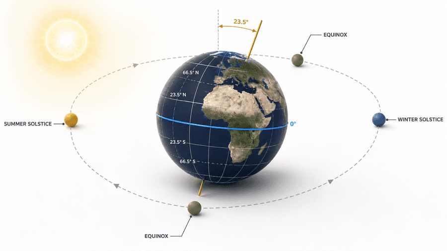 The Earth's axis tilted at 23.5 degrees causes the seasons
