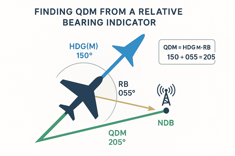 การหา QDM จากเข็มเบริงสัมพัทธ์: หัวเครื่องแม่เหล็ก 150 องศา บวกค่าเบริงสัมพัทธ์ 55 องศา ได้ QDM 205 องศาไปยังสถานี NDB