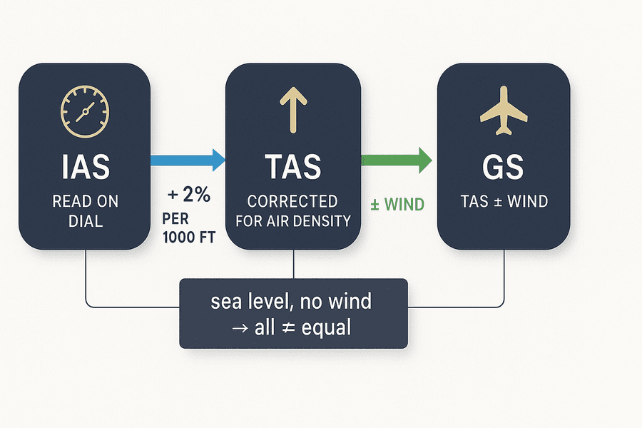ความเร็วสามแบบ IAS TAS GS: IAS อ่านบนหน้าปัดใช้บินจริง, TAS แก้ความหนาแน่นอากาศใช้คำนวณ navigation, GS = TAS บวกลบลม ใช้หาเวลา ETA
