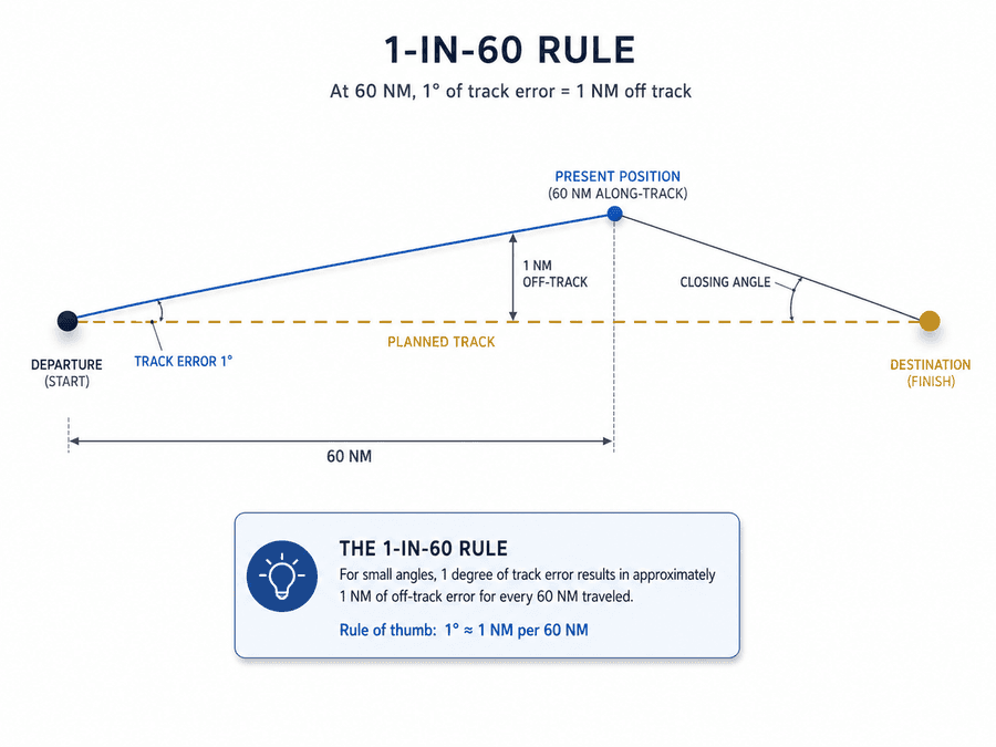 The 1-in-60 rule: one degree off equals about one nautical mile off track every 60 nautical miles
