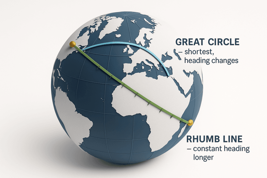 Great Circle เส้นทางสั้นที่สุดบนพื้นโลกแต่ heading เปลี่ยนตลอด เทียบกับ Rhumb Line ที่ตัด meridian ทุกเส้นด้วยมุมคงที่ บินด้วย heading เดียวแต่ระยะยาวกว่า