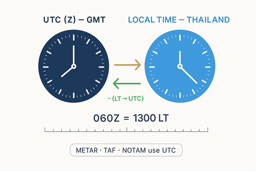 การแปลงเวลา UTC กับเวลาท้องถิ่นไทย UTC+7: UTC บวก 7 ได้เวลาท้องถิ่น เวลาท้องถิ่นลบ 7 ได้ UTC ตัวอย่าง 0600Z เท่ากับ 1300 LT — METAR TAF NOTAM ใช้ UTC เสมอ
