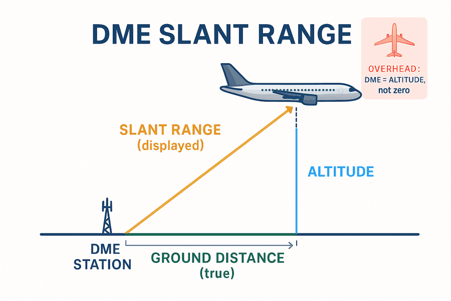 DME วัด slant range (ระยะเฉียงเส้นตรงจากอากาศยานถึงสถานี) ซึ่งเป็นด้านตรงข้ามมุมฉาก ไม่ใช่ ground distance แนวราบ ผิดพลาดมากสุดเมื่อบินตรงเหนือสถานีซึ่ง DME จะแสดงค่าเท่ากับความสูง
