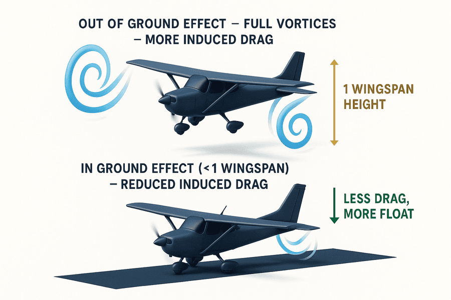 แผนภาพ ground effect เปรียบเทียบเครื่องบินสูงที่มี wingtip vortices เต็มกับเครื่องบินใกล้พื้นที่ vortices เล็กลงและแรงต้านเหนี่ยวนำลดลง