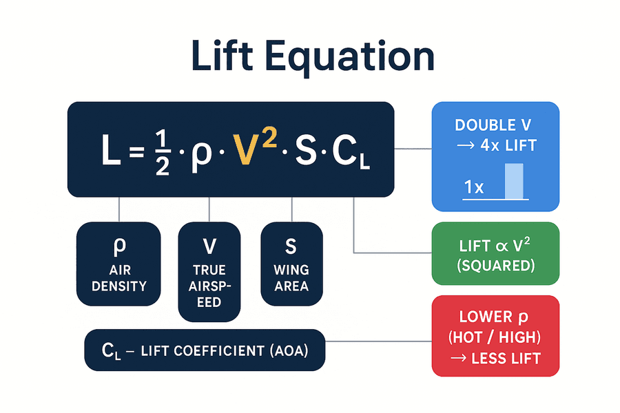 แผนภาพสมการแรงยก L เท่ากับครึ่งหนึ่งของโร V กำลังสอง S CL พร้อมชิปอธิบายแต่ละตัวแปรและภาพแสดงว่าความเร็วสองเท่าให้แรงยกสี่เท่า