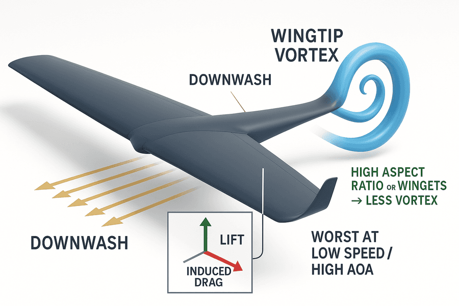 แผนภาพปลายปีกแสดงกระแสวน wingtip vortex ม้วนจากด้านล่างขึ้นด้านบน เกิด downwash เอียงเวกเตอร์แรงยกถอยหลังกลายเป็นแรงต้านเหนี่ยวนำ พร้อม winglet ช่วยลด