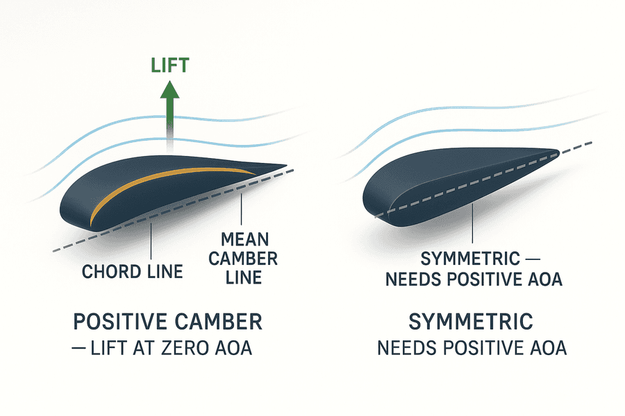 แผนภาพเปรียบเทียบปีก cambered ที่มี mean camber line โค้งเหนือเส้นคอร์ดกับปีก symmetric ที่เส้นทั้งสองทับกัน