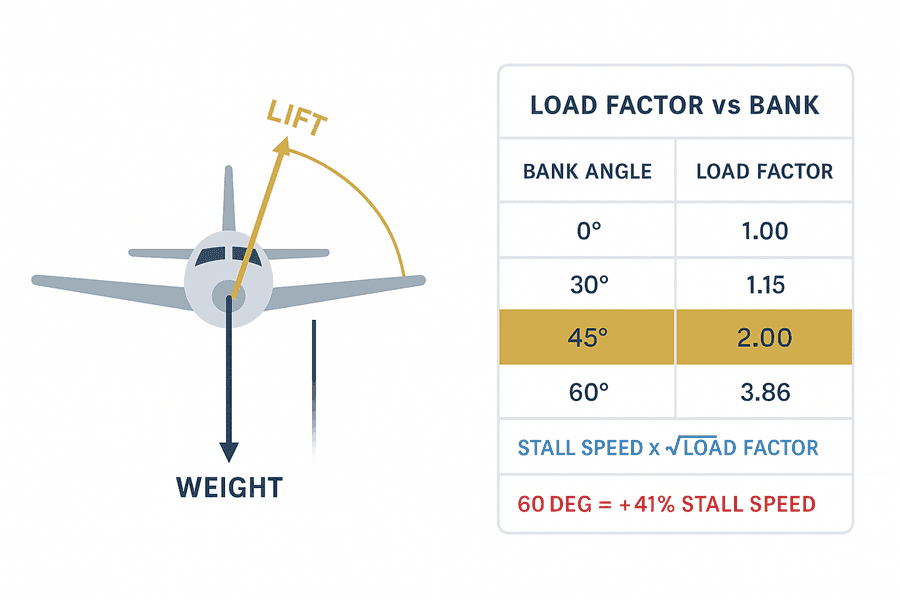 แผนภาพ load factor ในการเลี้ยว แสดงลูกศรแรงยกเอียงตามมุม bank และตารางค่ามุมเอียงกับ G ที่ 60 องศาเท่ากับ 2G