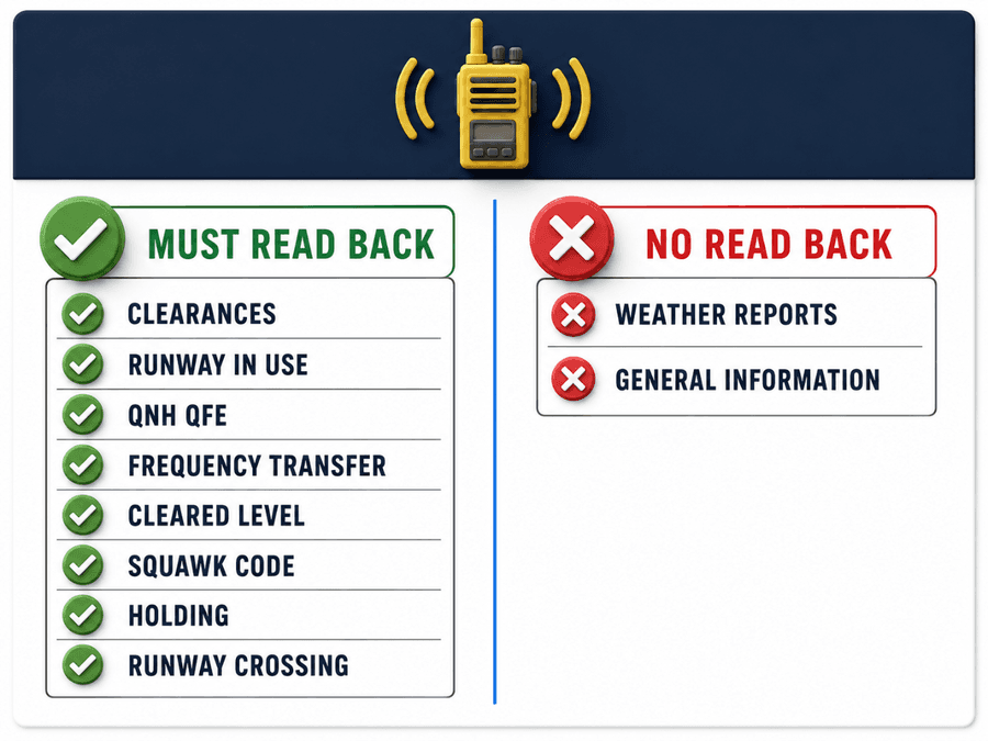 รายการที่ต้อง readback เสมอ (clearance, รันเวย์ที่ใช้, QNH/QFE, เปลี่ยนความถี่, ระดับบินที่อนุญาต, รหัส squawk, holding, ข้ามรันเวย์) เทียบกับสิ่งที่ไม่ต้องทวนกลับ (รายงานอากาศ และข้อมูลทั่วไป)
