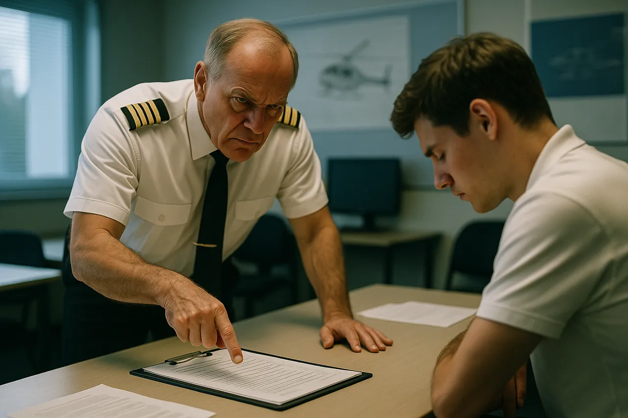 A stern flight instructor briefing a young student pilot who looks tense and under pressure in a flight school